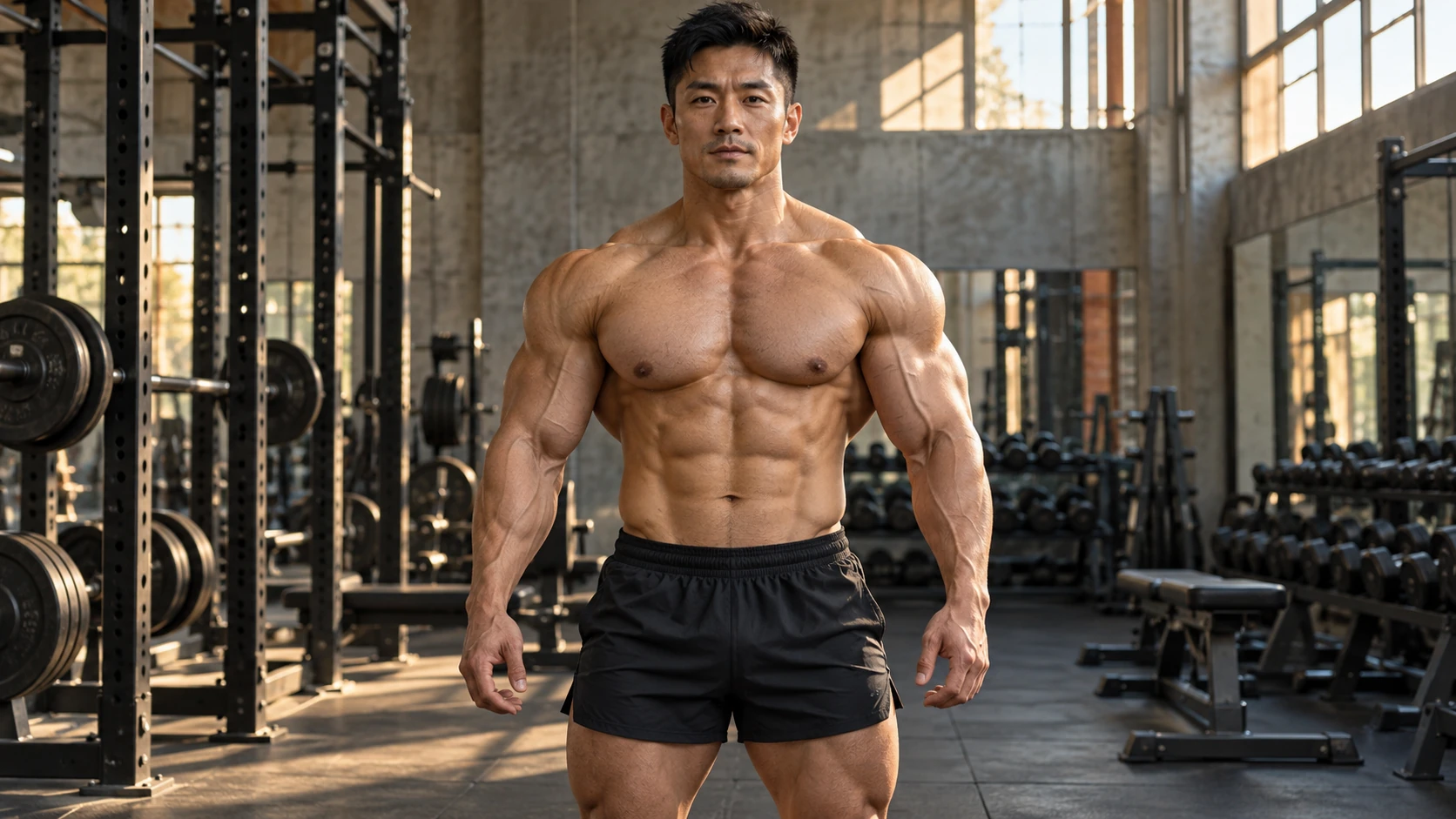 Adult bodybuilder standing in a sunlit industrial weight room